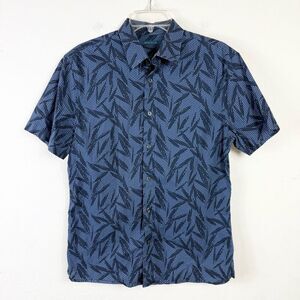 Perry Ellis Navy Blue Geometric Leaf Pattern Short Sleeve Button Up Shirt Size S